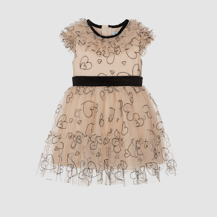 Abel & Lula Girls Beige Tulle Flocked Hearts Dress