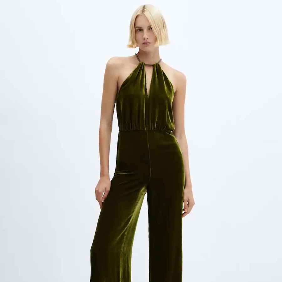 Mango Halter-Neck Velvet Jumpsuit