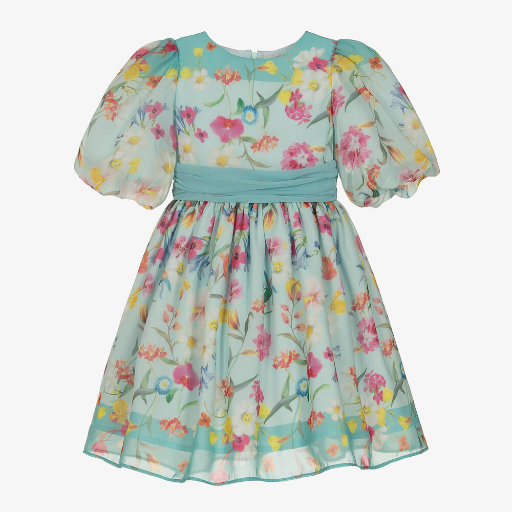 Girls Green Floral Chiffon Dress