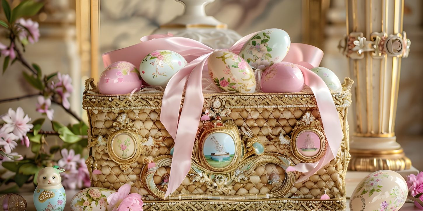 Luxury Easter basket for children 2026 — heirloom wooden toys, Ladurée chocolates and silk ribbons in a wicker basket