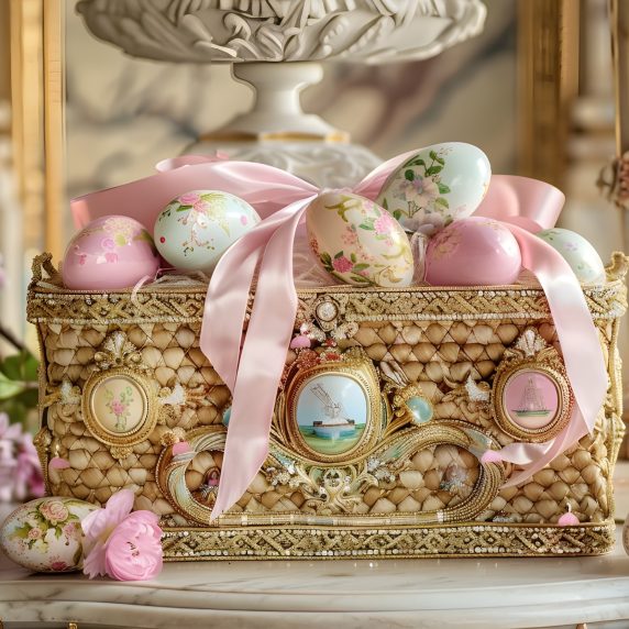Luxury Easter basket for children 2026 — heirloom wooden toys, Ladurée chocolates and silk ribbons in a wicker basket