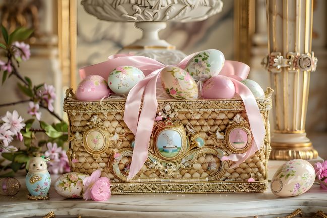 Luxury Easter basket for children 2026 — heirloom wooden toys, Ladurée chocolates and silk ribbons in a wicker basket