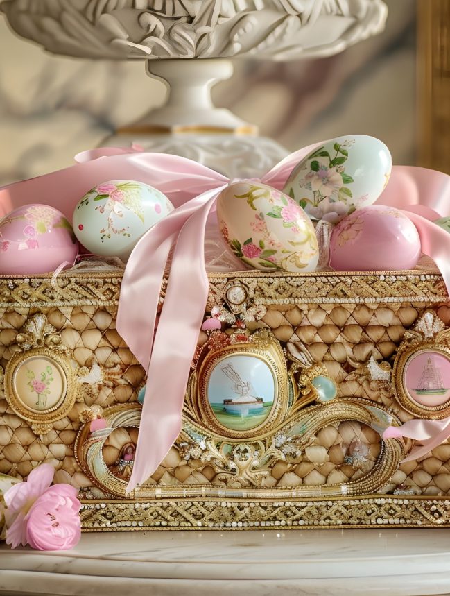 Luxury Easter basket for children 2026 — heirloom wooden toys, Ladurée chocolates and silk ribbons in a wicker basket