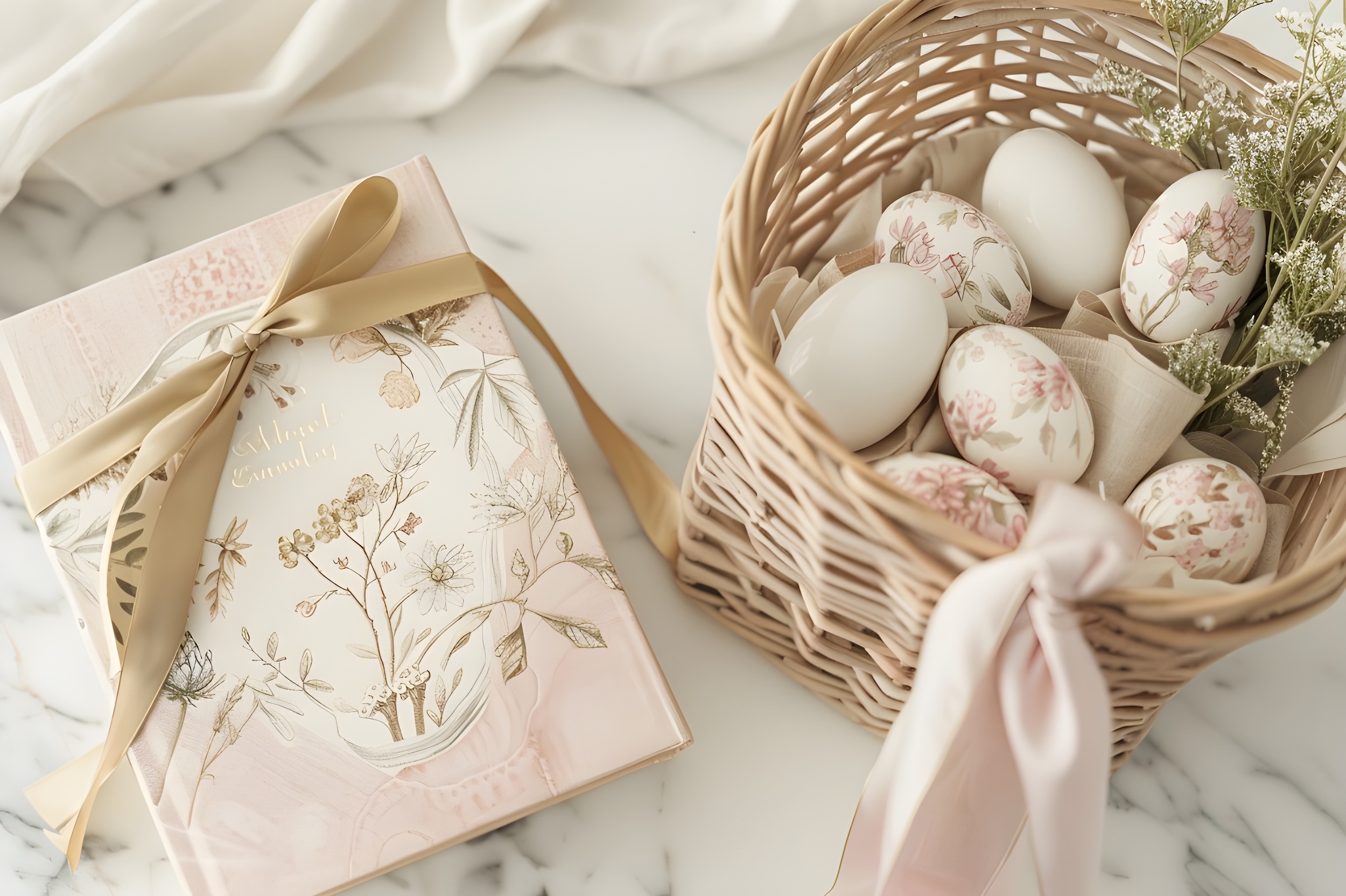 Beautiful illustrated children's book tied with gold satin ribbon beside a wicker Easter basket filled with hand-painted botanical eggs — luxury Easter gift ideas for children 2026