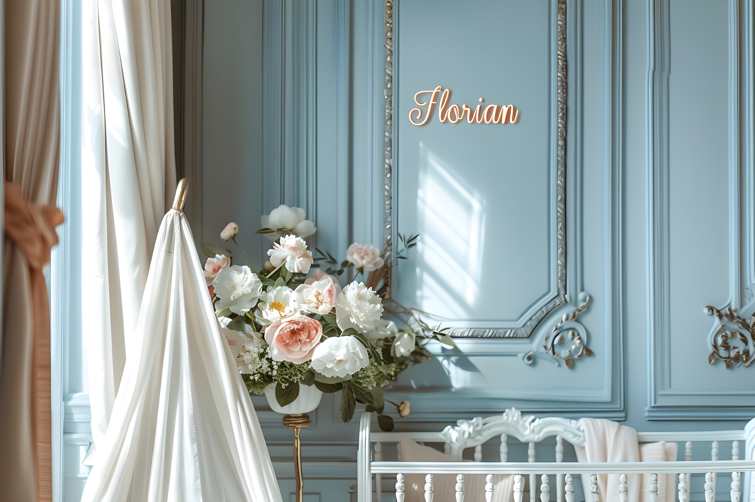 Luxury boys baby names 2026 — elegant blue Parisian nursery