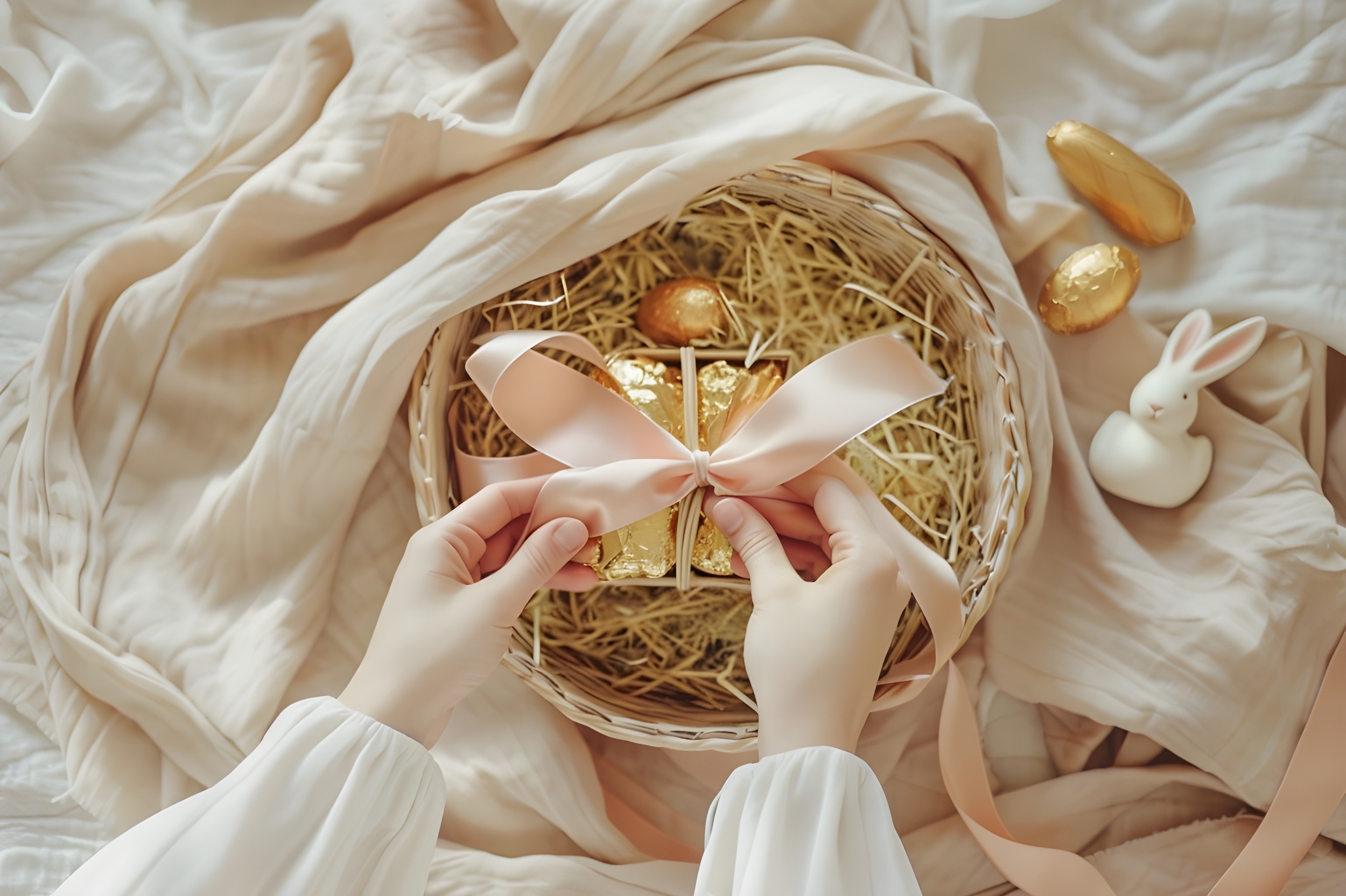 Hands tying a blush silk ribbon bow on a luxury wicker Easter basket with gold foil chocolates and a ceramic bunny — how to assemble a luxury Easter basket for children 2026
