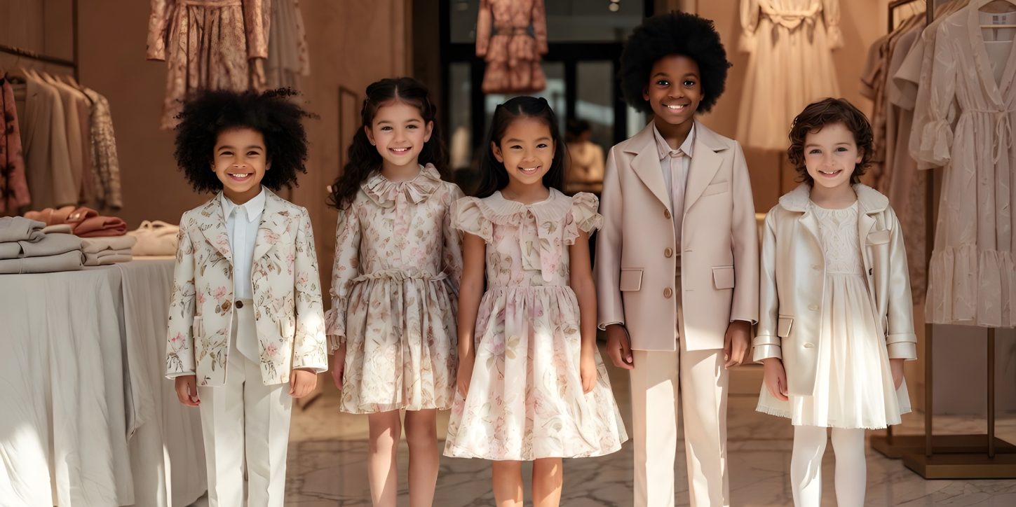Children wearing luxury designer clothing in a high-end kids boutique — best kids luxury shops 2026