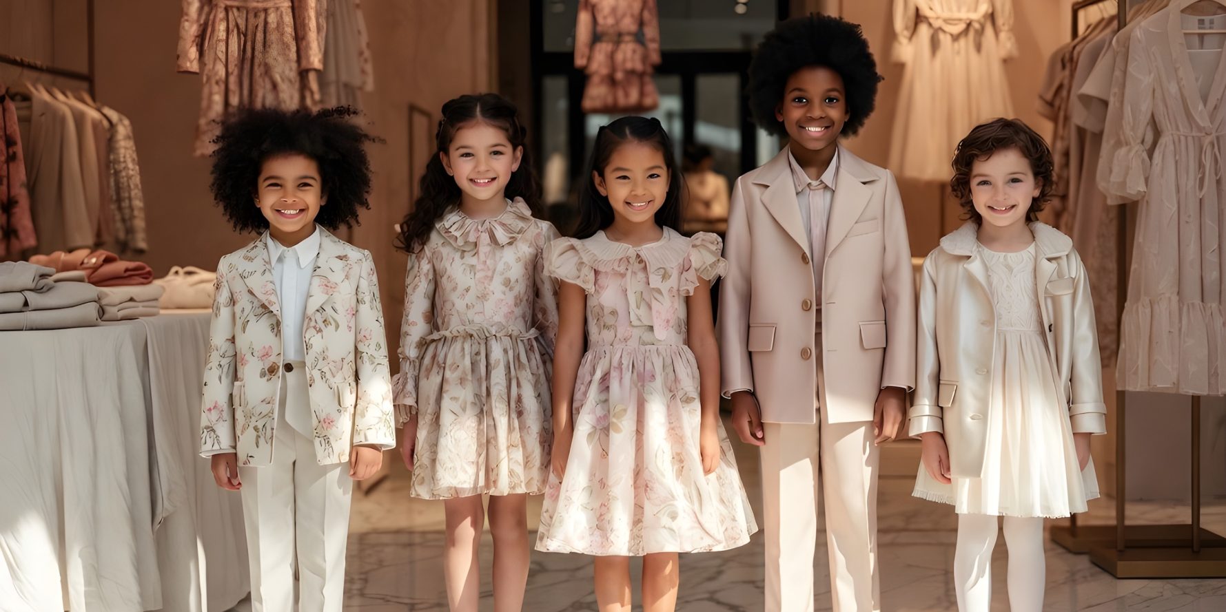 Children wearing luxury designer clothing in a high-end kids boutique — best kids luxury shops 2026