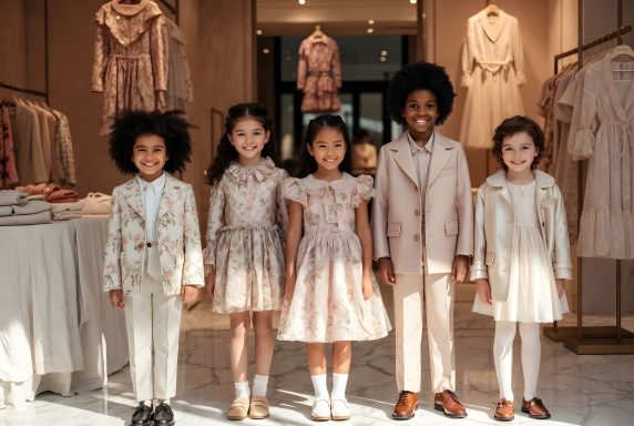 Children wearing luxury designer clothing in a high-end kids boutique — best kids luxury shops 2026