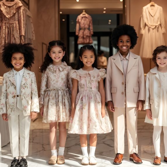 Children wearing luxury designer clothing in a high-end kids boutique — best kids luxury shops 2026