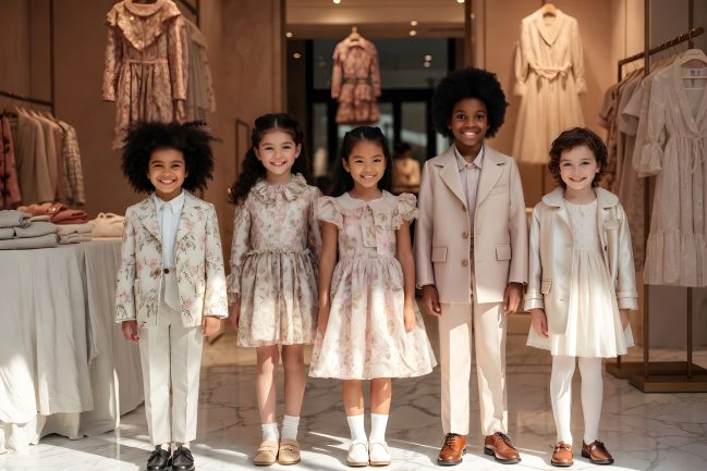 Children wearing luxury designer clothing in a high-end kids boutique — best kids luxury shops 2026