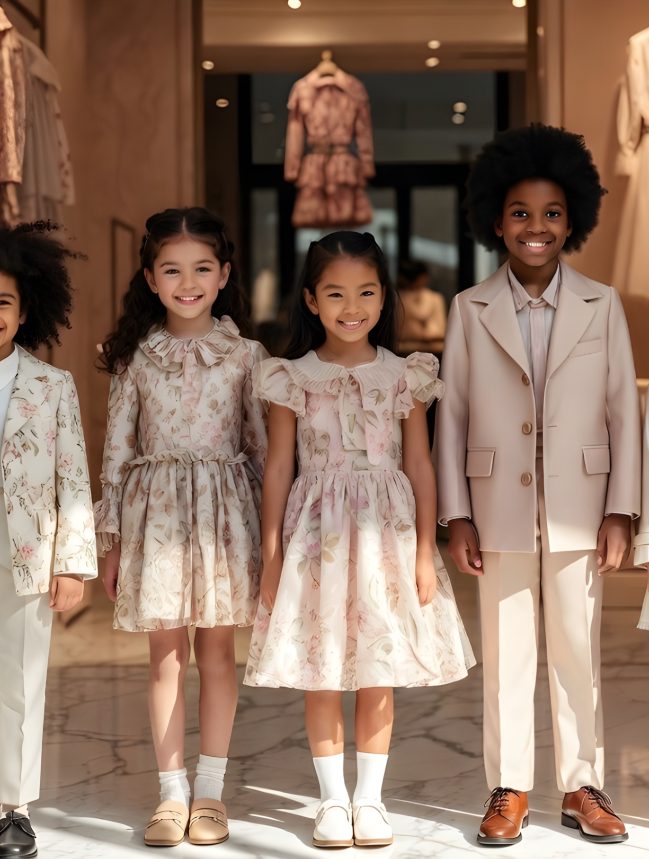 Children wearing luxury designer clothing in a high-end kids boutique — best kids luxury shops 2026
