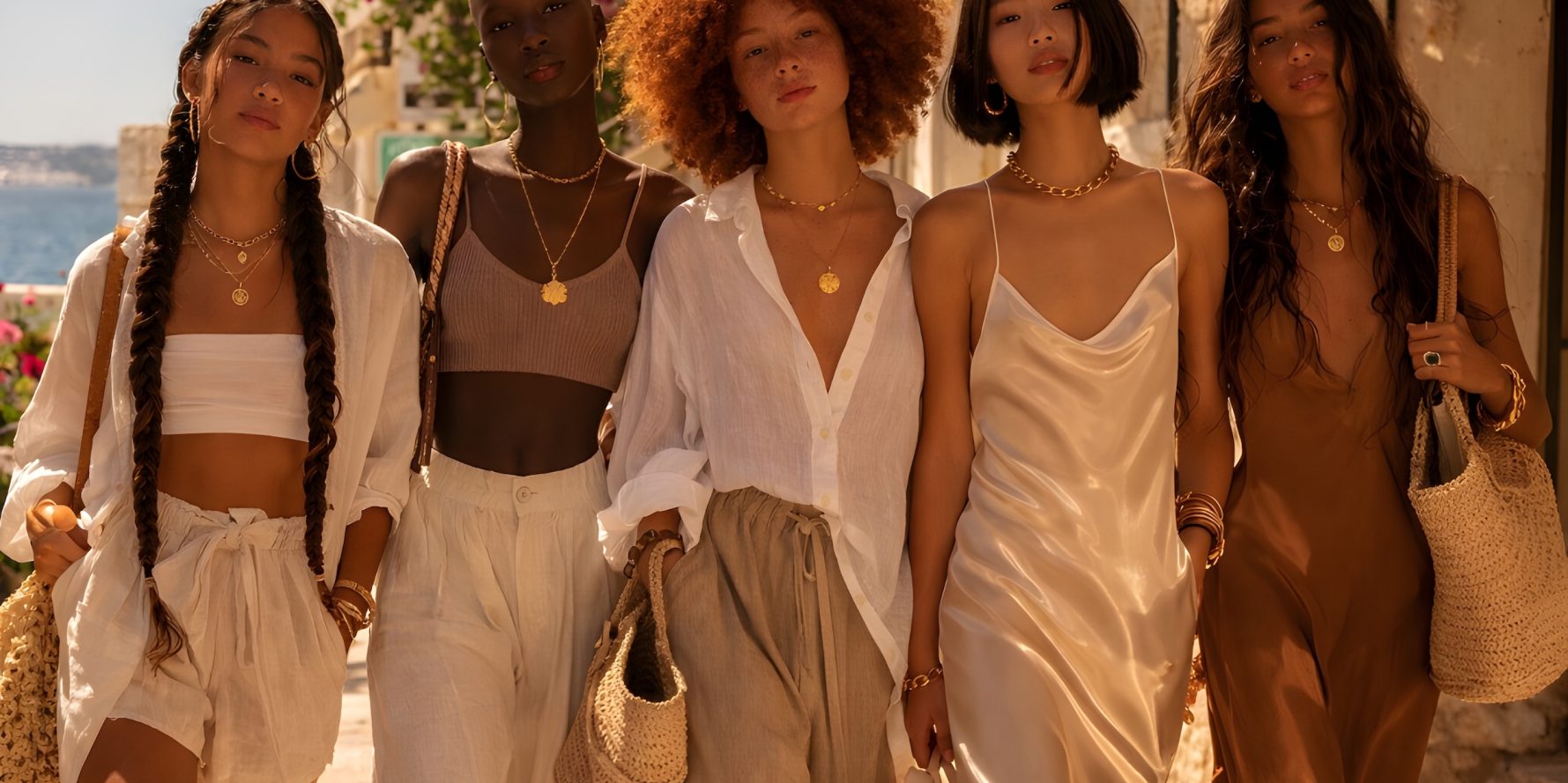 Teen summer capsule wardrobe 2026 — linen shirt, slip dress, wide-leg trousers, raffia tote and straw hat