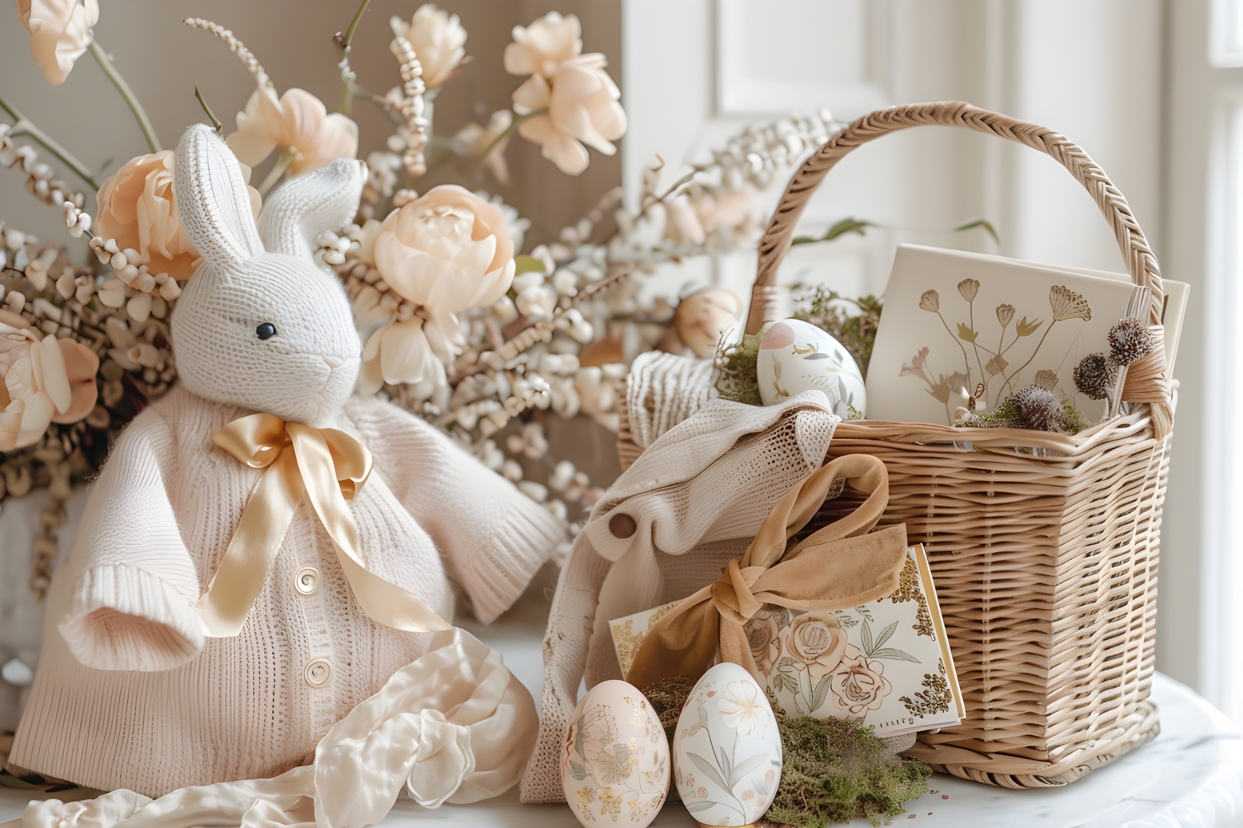 Luxury Easter basket for children with hand-knitted bunny, painted eggs, cashmere knitwear and illustrated books — curated luxury Easter gifting 2026