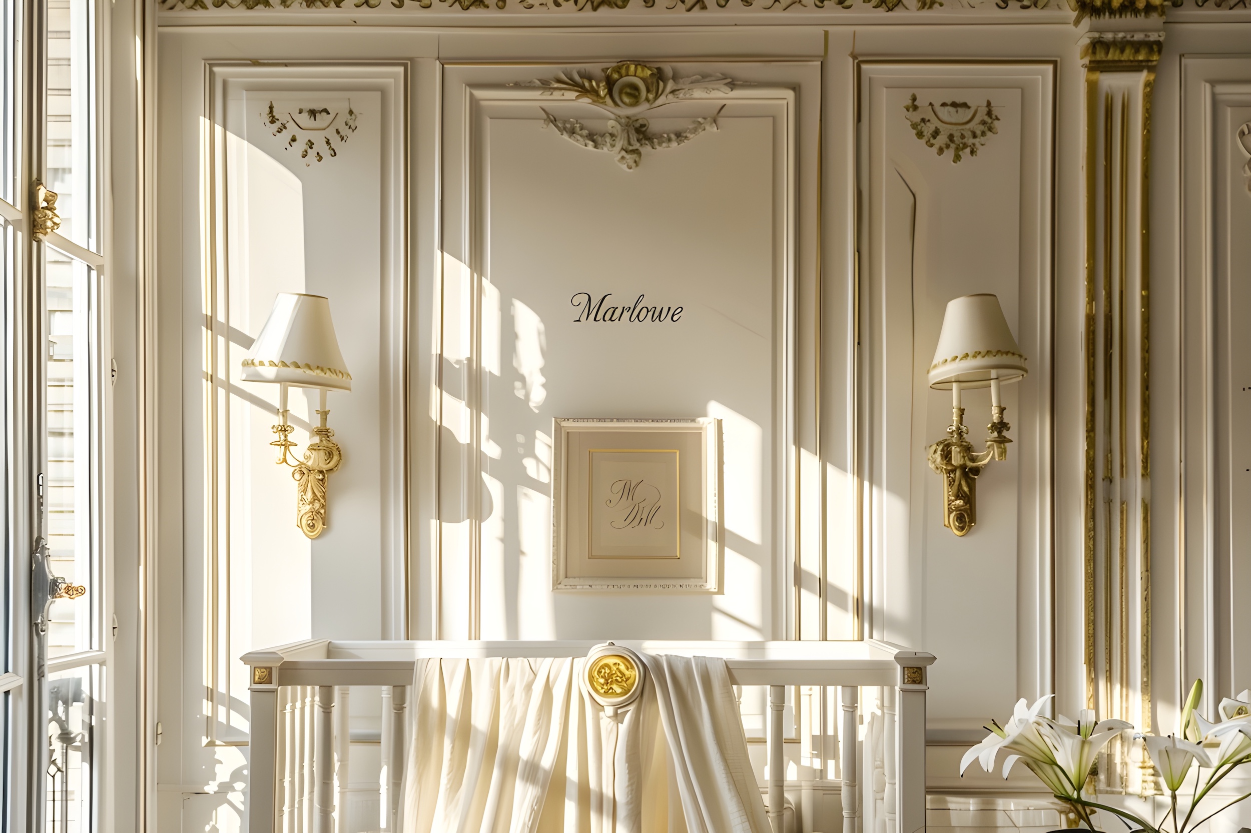 Unisex luxury baby names 2026 — gold Parisian nursery